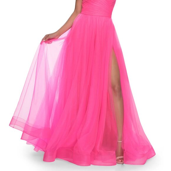 NWT LA FEMME Pink Neon Light Tulle Gown Sweetheart Neck Laceup Back 10 MSRP $408 - Picture 3 of 11